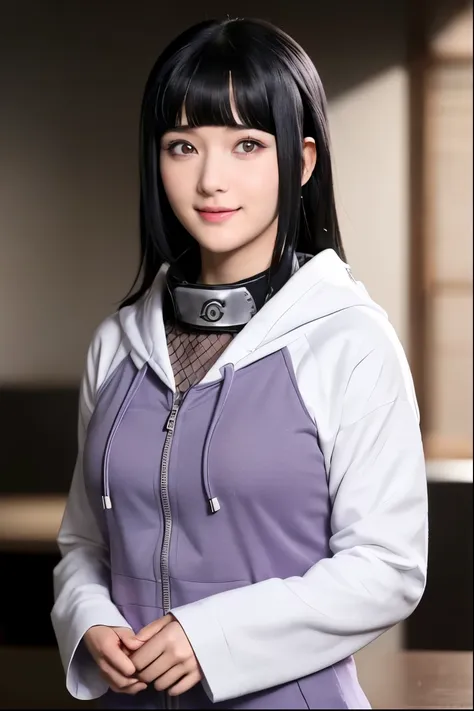 create an image of hinata hyuga from "naruto" , picture a character with sleek black hair and bangs, giving a casual salute. the...