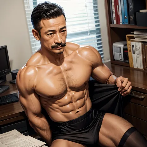 50 years old，Hidetoshi Nakata，（Kogoro Mouri 1.3），Shirtless muscular man，mustache，Eye，Suit，Kneel in the office，black stockings，Red sexy lingerie