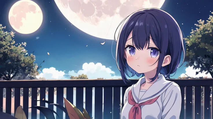 sad anime girl look at the moon