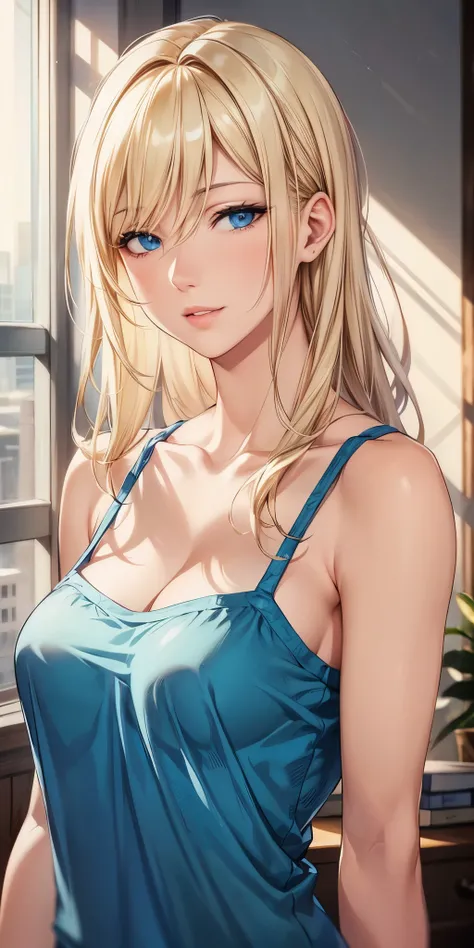 portrait, realistic, blue eyes, blonde hair, big breast, 4k resolution, high quality cg, beautiful cg, soft light, 