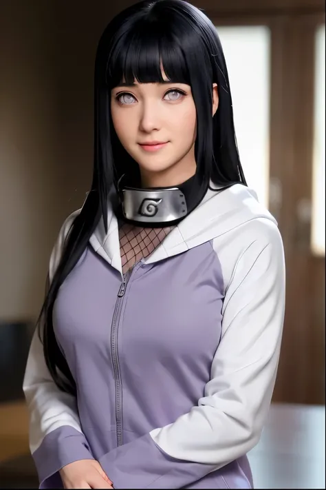 create an image of hinata hyuga from "naruto" , picture a character with sleek black hair and bangs, giving a casual salute. the...