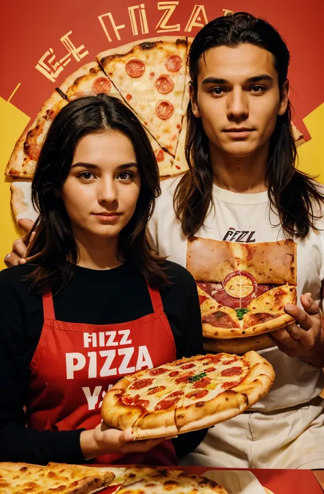 there is a man and a woman sitting at a table with a pizza, a picture by Matteo Pérez, instagram, pop art, holding a large pizza!!!, holding up a pizza, presenting a large pizza, pizza!, holding pizza, cheese, the pizza has a large cornicione, eating pizza...