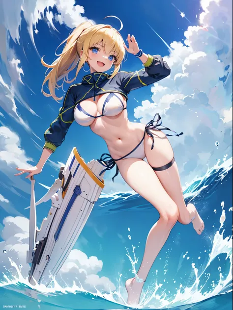 masterpiece,(ultra-detailed),1girl, mysterious heroine xx (fate), half_eyes,smile,open mouth, swimsuit, white bikini, side-tie bikini bottom, shrug (clothing), jacket,  thigh strap, wristband,  large_breasts, ocean, splashing,blonde_ponytail,open_legs,cap,...