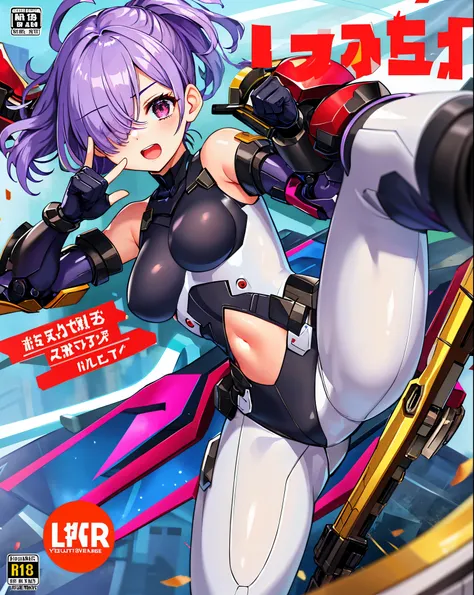 ,1girl,(young_teen:1.5), (short_ponytail:1.3), (light_whitish_purple_hair:1.3),black_mechanical_armor,white_breasts_parts_red_black_body_suit,bare_shoulder,bare_slender_thighs,medium_breasts,city_background,Stinging_eyes,sleepy,thighhigh_greaves,gauntlets,...