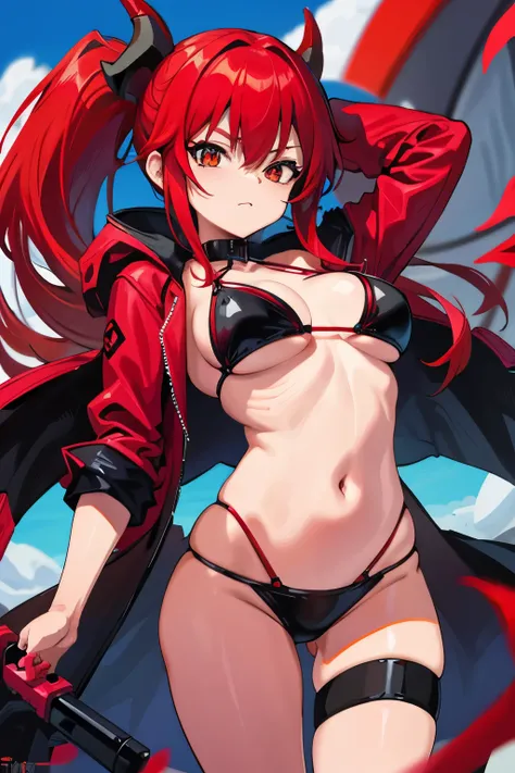 Fox Demon Little Red Lady, Schwarz Bikini, Open red big jacket, Augenklappe