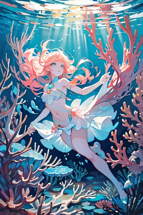 A young girl underwater, illuminated by the light, discovering a large, glowing pearl. She swims among vibrant coral reefs and seaweed, holding the pearl with wonder in her eyes.