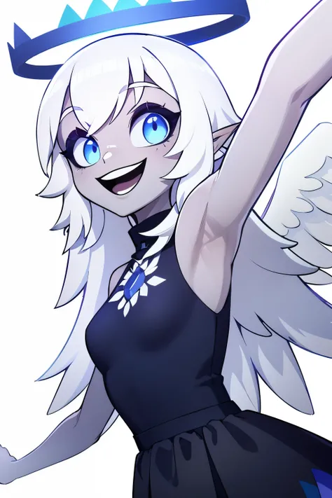 Emily, angel, angel wings, halo, long hair, smile, blue eyes, white hair, (grey skin:1.2), small breasts, light blue sclera, very long hair, sleeveless dress, black dress, upper body, close up, open mouth, armpit, (blank white background), (full body)