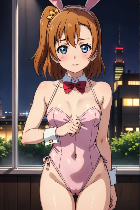 Kousaka honoka, night, bar, playboy bunny, short hair, hair ornament, crotch lines, upper body