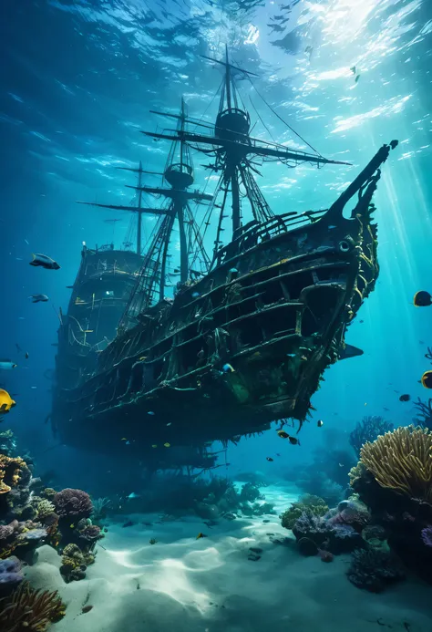 A deep underwater scene with a sunken pirate ship, surrounded by ais-darkpartz that move like ghostly sea creatures in the dark waters. 