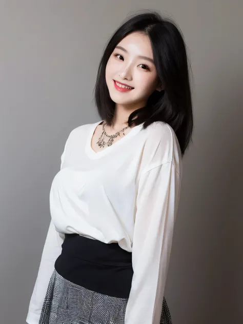 24 years old Chinese girl named Xixi Zhou with short medium hair, wearing oversize black shirt mountain, white skirt, perfect body 165 cm 48 kg, real Chinese face, mainland Chinese face, chubby cheeks, small eyes, mono lid eyes, thin eyebrow, thin lips, re...