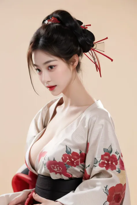 （lifelike,High resolution：1.3）， A slim girl， The face shape and eyes are super delicate,black hair,red glossy lips,(pretty face), (best quality), (super detailed), (Extremely detailed CG unified 8K wallpaper),((kimono)),(White background),(split),sexy look...