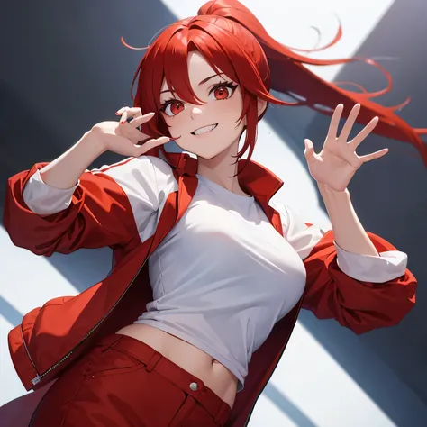 1 girl, red hair, red eyes, ponytail,White t-shirt, red fur jacket, white trousers, waving, grinning,half body photo,best quality,ultra detail,ultra HD, masterpiece 