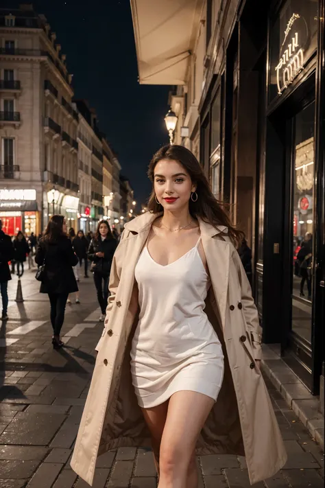 Italian girl 25 years old, beautiful, wonderful, walk in the center of Paris, 1 girl, real, very high resolution, 8k, elegant coat, luxury, Champs-Élysées, pearl earrings, elegant, red lipstick, light smile, night