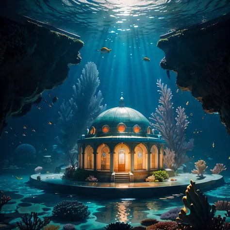 A shining city built underwater。A building covered with a transparent dome is surrounded by coral and glistening seaweed.、Colorful fish swim around。Light reflected on the surface of the water、Gives the whole city a magical glow。