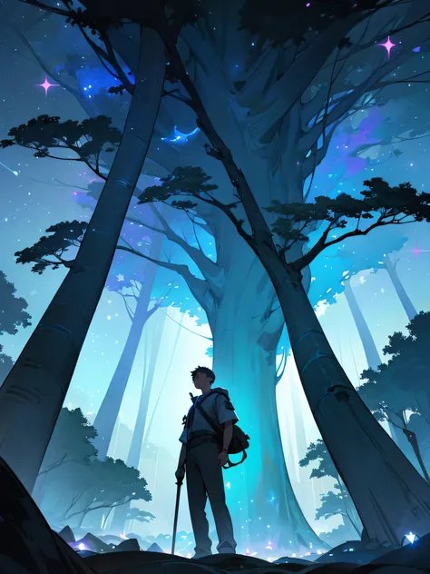 A man standing under big tree in dark jungle, its night time, the jungle is dark, but the sky is full of stars and light, he is looking at the sky holding a torch 