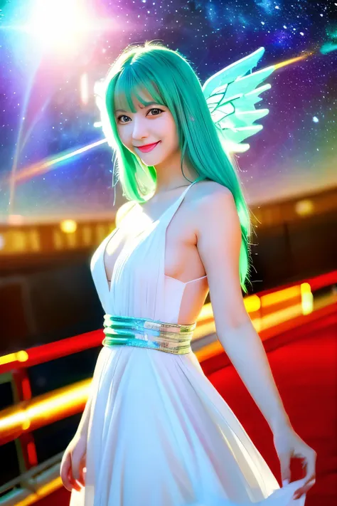 woman, blue-green hair, red eyes, smile, angel wings, golden halo, white dress, stand upright, in outer space, milky way in the background, distant star, Upper body