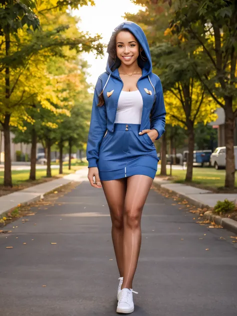 Show entire body, Brittany Renner, American , hooded mini dress, pantyhose, canvas shoes, standing outside, shirt day, smiling, the sunlight makes her legs glisten