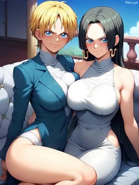 score_9,score_8_up,score_7_up,rating: general,girls, duo, long hair,breasts,looking at viewer,blush,tits, closed mouth,shexyo, shexyo style, boa hancock, couch, balcony, fancy couch, white couch, one piece, fancy, underwear, smirk, smug, tits, hellsing ser...