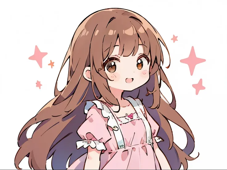 1 sticker, sticker, nikkaze, (cute girl), (She is wearing a pink dress.), (Its smiling)、(Has long hair and wears it down), performer, white background, no background, simple background, minimal, cute, small, brown hair, vector style, no gradation、A little...