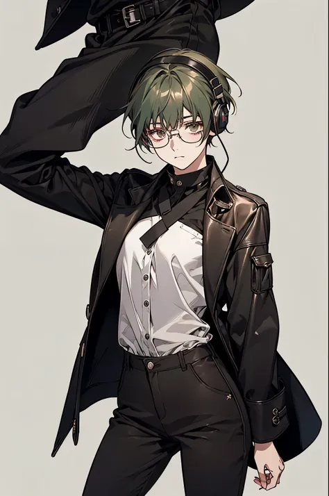 stand facing forward、Standing picture、stand up straight、simple background、beautiful girl、one person、highest quality、Dark green hair color、boyish、short hair、black glasses、Stinking eyes、Three white eyes、headphones、black clothes、black long pants、leather jacke...