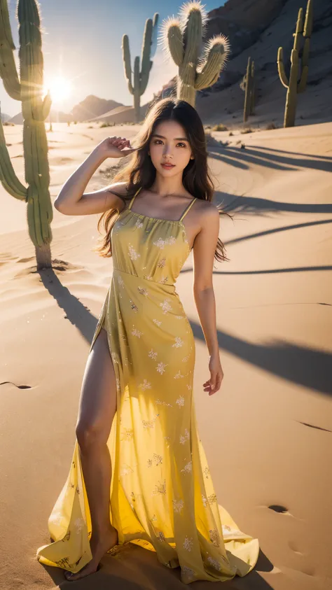 8k, highest quality, ultra detailed:1.37), Eliana, ((18 years)), a beautiful Asian girl, (Sahara Desert), ((flat desert view)), (Highway), ((cactus)), (snow fall on only trees), (sand surface), (desert sand), ((Evening Light)), Beautiful Luxury floral Yell...