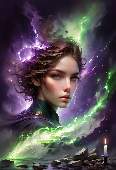 (1 person, beautiful witch:1.2), purple eyes, brown hair, undercut,look down, alone, half shot, Detailed background, Detailed face, (V0id3Energy, Empty topic:1.1) mage, Black light armor robe, Clear Expression, green color scheme, dark green light, rock ca...