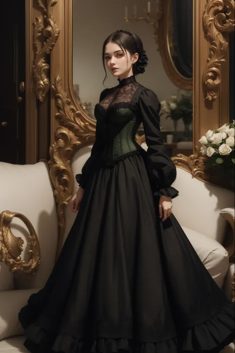 ((Green)) beautiful Victorian dress, corset lace, full skirt(richly trimmed with lace, intricate details), extremely detailed 8K