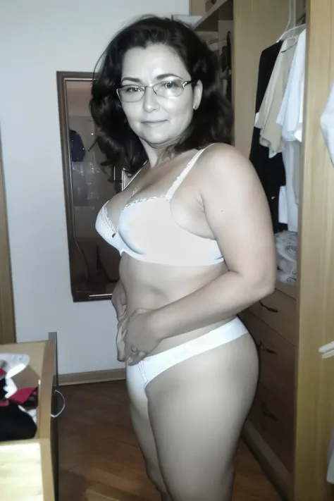 there is a woman in a white underwear and glasses posing for a picture, she is about 40 years old, she is about 40 years old, white bra, wearing a white bikini, she is about 40 years old, she is about 40 years old, she is about 40 years old, 40 years woman...