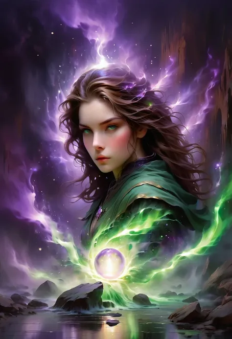 (1 person, beautiful witch:1.2), purple eyes, brown hair, undercut,look down, alone, half shot, Detailed background, Detailed face, (V0id3Energy, Empty topic:1.1) mage, Black light armor robe, Clear Expression, green color scheme, dark green light, rock ca...