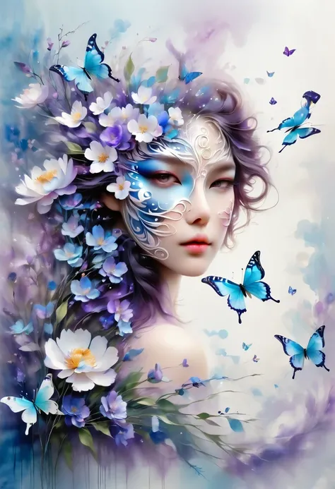 Woman wearing masquerade mask, butterfly masquerade, Big iridescent peony, royal ball, Butterfly mask, blue purple and white, blue lips, Paper fan, masterpiece, 8K, Popular topics on pixiv, best quality