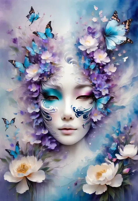 Woman wearing masquerade mask, butterfly masquerade, Big iridescent peony, royal ball, Butterfly mask, blue purple and white, blue lips, Paper fan, masterpiece, 8K, Popular topics on pixiv, best quality