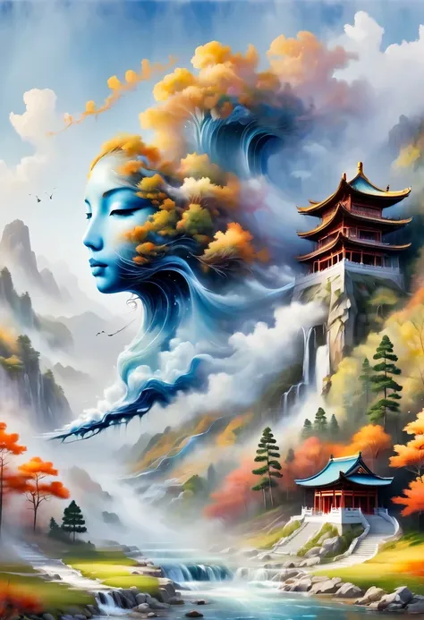 a landscape painting,Meticulous,Inspired by thousands of miles of rivers and mountains,Fuchun Mountain Residence Map,Expression techniques of cirrus clouds,flat illustration,traditional Chinese painting,Chinese landscape painting,Chinese architecture,cloud...