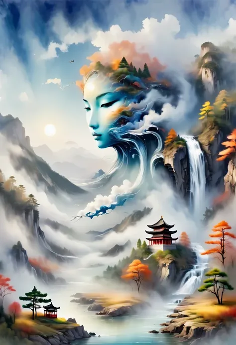 a landscape painting,Meticulous,Inspired by thousands of miles of rivers and mountains,Fuchun Mountain Residence Map,Expression techniques of cirrus clouds,flat illustration,traditional Chinese painting,Chinese landscape painting,Chinese architecture,cloud...