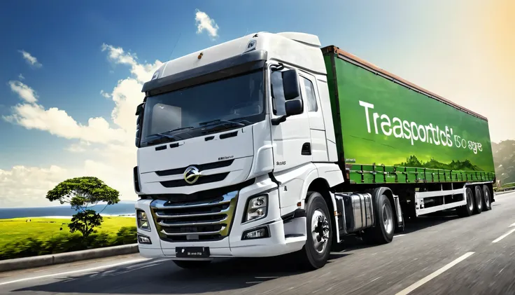 Truck traveling on the road, beautifulsky, atmosfera relaxante, satisfaction, transport logistics, Arte Realista detalhes intricados, estilo arte projeto 3d, cores vivas, fundo totalmente branco, fundo transparente (attention to detail to create realistic ...