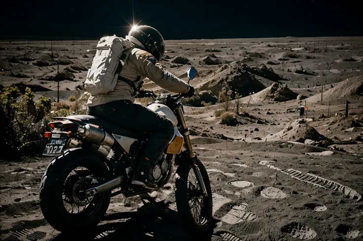 astronaut riding a motorcycle on the moon, earth in background, dramatic lighting