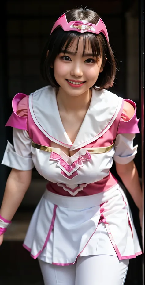 （8K、Raw photography、highest quality、masterpiece：1.2),(black haired、very short hair:1.8),(twin mitsu braid:1.4)、show viewer,Looking at the front,erotic,white skin,(Wearing a shiny pink ranger costume:1.9)、()、(Clothing that emphasizes the shape of your chest...