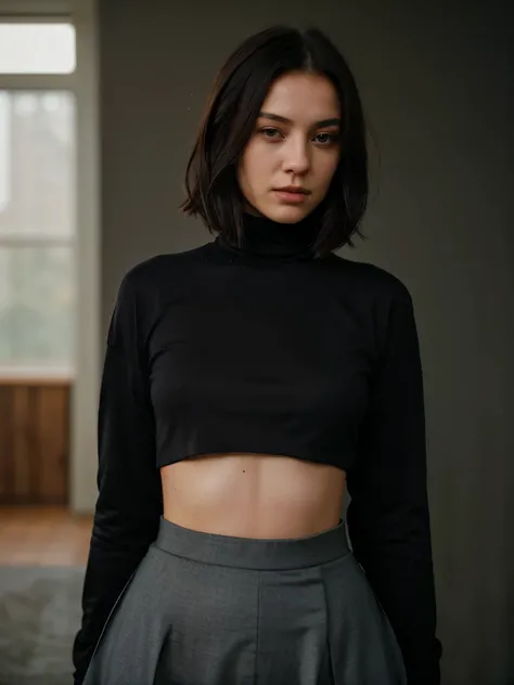 A stunning intricate full color portrait of (sks woman:1), wearing a black turtleneck t-shirt with cropped in the belly part, cropped turtleneck, layered with jacket, dark plain background, epic character composition, by ilya kuvshinov, alessio albi, nina ...