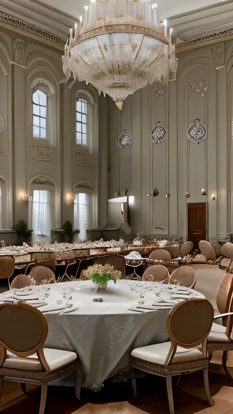 Enormous dinning hall of the russian high classes aristocrats of the 19th century. The dinning hall is set for eighty persons, the dinning hall must have high quality china and silver utensils. The dinning hall must have enogh seats for the eighty persons....