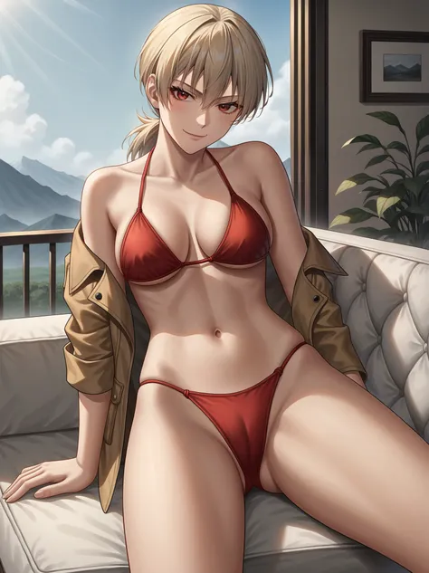 source_anime,score_9,score_8_up, score_7_up, 1girl,solo,outdoors,hellsing, seras victoria, couch, indoors, seductive, face closeup, ((closed mouth)), smirk, thighs, long shot, balcony, mountain background, fancy, white couch, laying, leaning, fronr view, r...