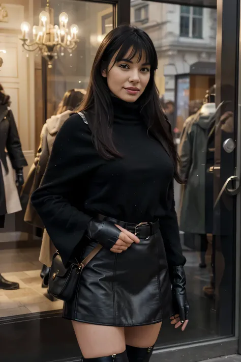 solo lovely smiling Bettie Page, strong daylight, sun shining, wintertime, very cold, raining,in front of boutique, (highest quality texture), boutique store front, display windows full of interesting items, film quality, completly dressed in high style le...