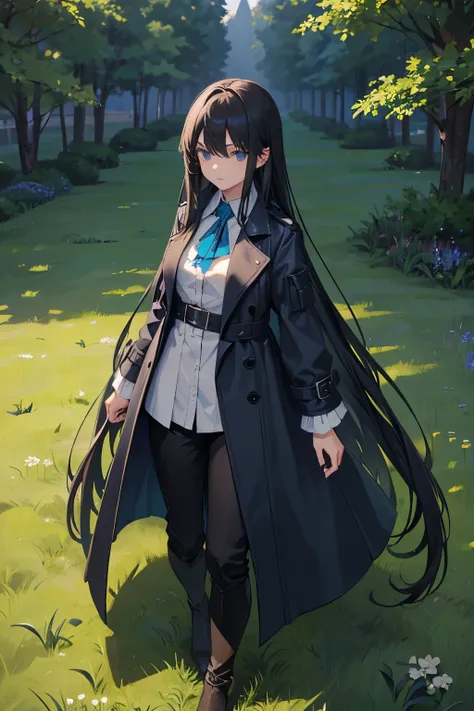 1girl, black straight long hair, blue eyes, (detailed face), full body, ((intense blue trench coat)), medieval, (grasslands bakc...