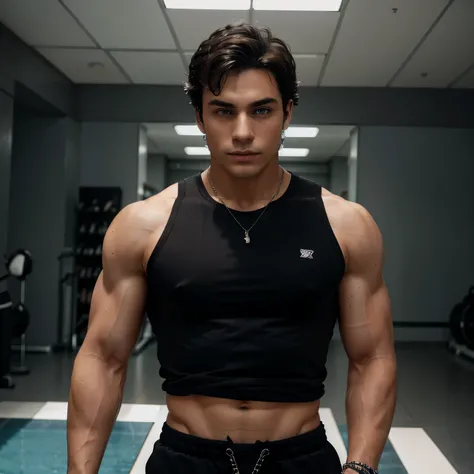 A man. 19-20 years old, black fluffy hair, a beautiful flawless face with sharp facial features, strong jawline, ice blue eyes. Broad shoulders, strong muscular upper body with strong arms with veins, a muscular chest, six pack abs, a few rings on the fing...