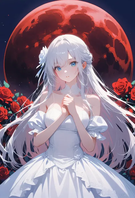 pure white hair，long hair，girl，sky blue eyes，（blood red moon：10），wearing white clothes，wedding dress，bride，there are thorns on c...