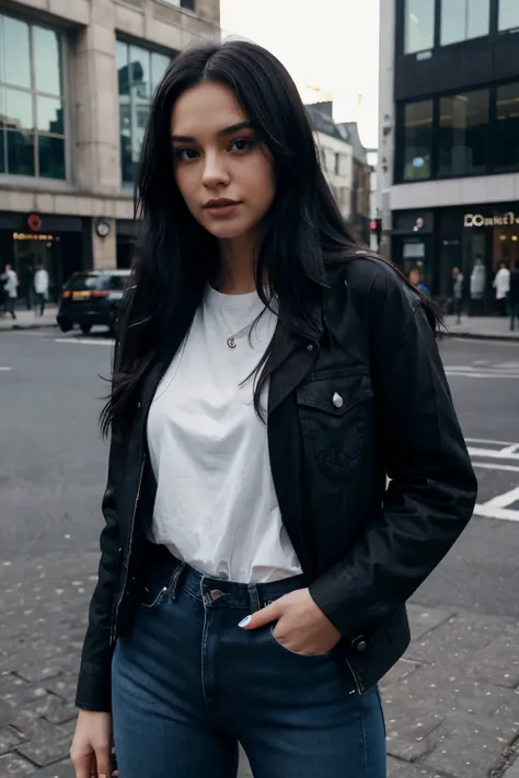 Girl,sexy,long black hair, shirt, blue jeans, jacket, London