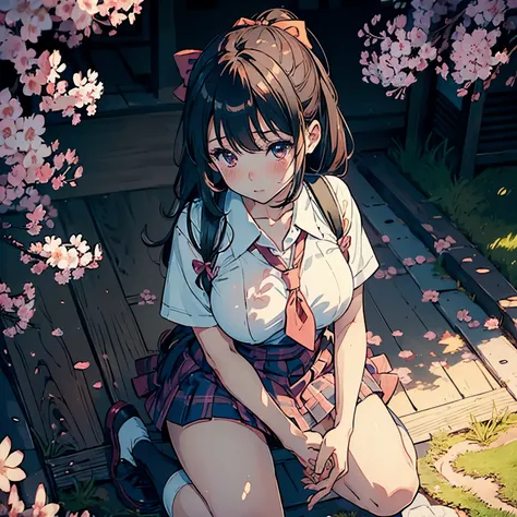 Anime style girl from Japan, (2:1), Cartoonish yet sexually tantalizing, (NSFW), (Masterpiece), Radiant, hand-drawn features, (1600x900 pixels), Detailed, expressive eyes, Delicate blush, , voluptuous curves, (Schoolgirl outfit: 1.5), Kneeling on the floor...