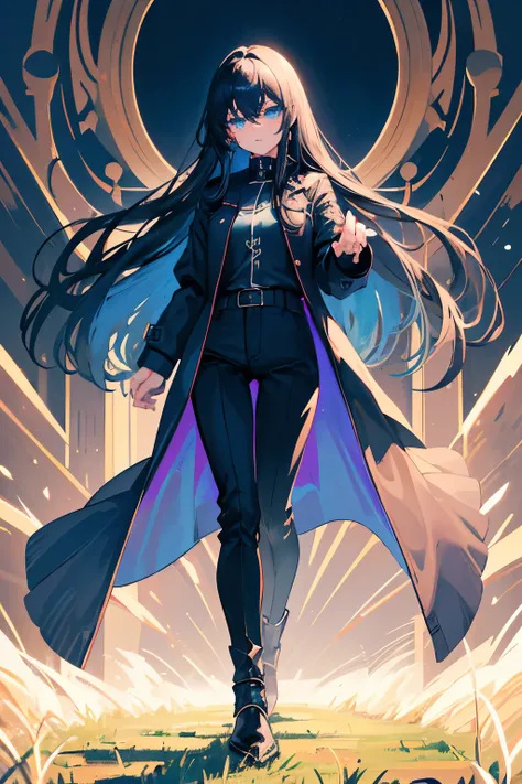 1girl, Black straight long hair, Blue eyes, (Detailed face), Full body, ((intense Blue trench coat)), medieval, (Grasslands bakcground), masterpiece, black pants, (cute face)