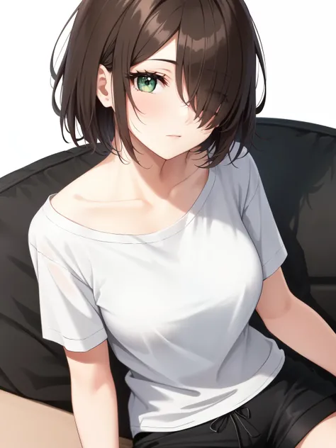 1girl, solo, brown hair, (hair over one eye:1.2), short hair, pixie cut, swept bangs, hair between eyes, medium breasts, green eyes, casual clothes, white shirt, black shorts, portrait, white background, looking at viewer