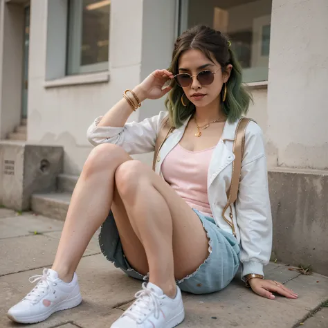 1girls, Nur, green Hair , 24 years old , Powder pink ruffled dress, white sneakers, denim jacket, straw bag, sunglasses, gold earrings and bracelet.