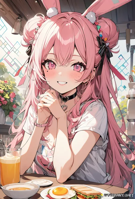 1 girl, pink long hair, heart shaped eyes,Bunny ears, {Pink semi-long hairの女の子、 The name Nami}, (Pink eye color), {breakfast、fried egg、sandwich、coffee}, (smile), bright background , mole under eye, heart shaped choker, (masterpiece, highest quality), very ...