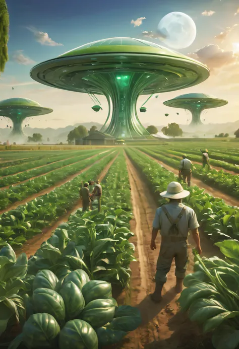 Alien farm life，Migrant farmers work happily，exotic crops，spacious farm，labor scene